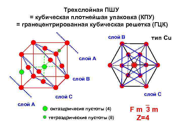Трехслойная ПШУ = кубическая плотнейшая упаковка (КПУ) = гранецентрированная кубическая решетка (ГЦК) слой B
