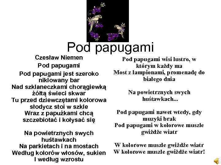 Pod papugami Czesław Niemen Pod papugami jest szeroko niklowany bar Nad szklaneczkami chorągiewką żółtą