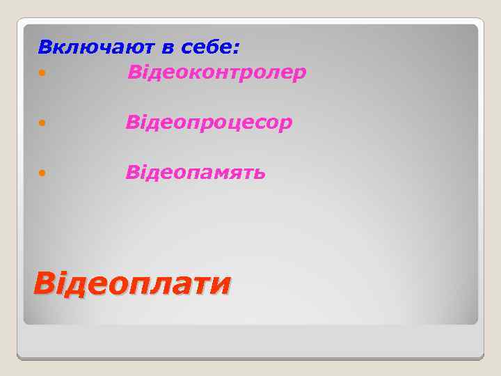 Включают в себе: Відеоконтролер Відеопроцесор Відеопамять Відеоплати 