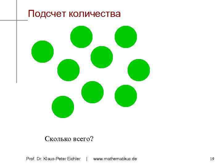 Подсчет количества Сколько всего? Prof. Dr. Klaus-Peter Eichler | www. mathematikus. de 19 