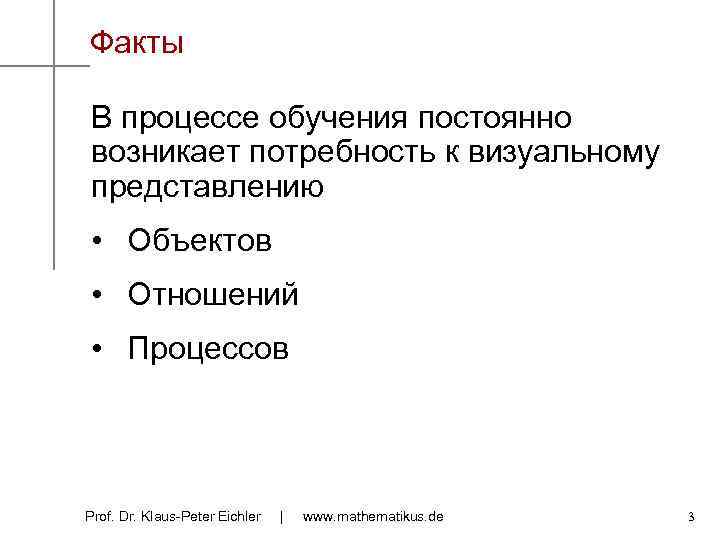 Факты В процессе обучения постоянно возникает потребность к визуальному представлению • Объектов • Отношений