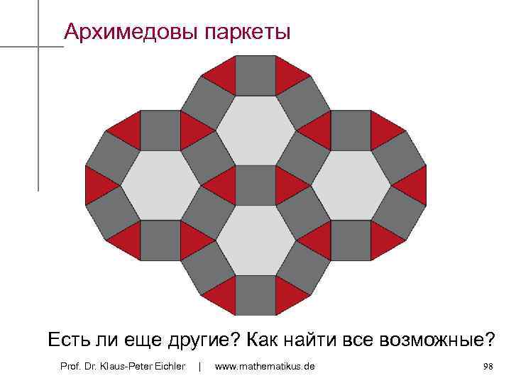 Архимедовы паркеты Есть ли еще другие? Как найти все возможные? Prof. Dr. Klaus-Peter Eichler