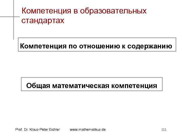Компетенция в образовательных стандартах Компетенция по отношению к содержанию Общая математическая компетенция Prof. Dr.