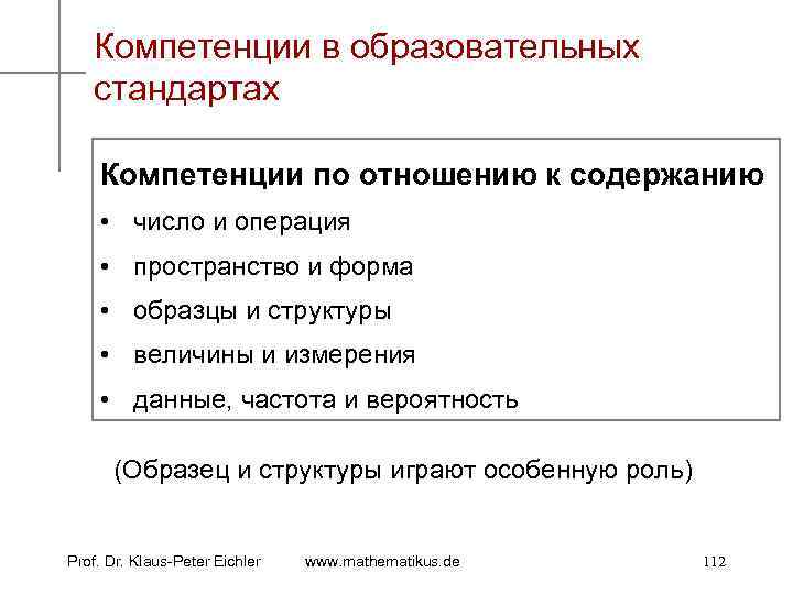 Компетенции в образовательных стандартах Компетенции по отношению к содержанию • число и операция •
