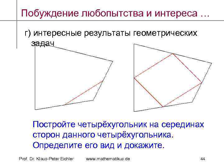Побуждение любопытства и интереса … г) интересные результаты геометрических задач Постройте четырёхугольник на серединах