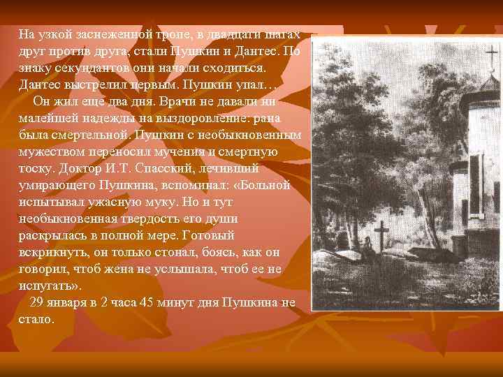 На узкой заснеженной тропе, в двадцати шагах друг против друга, стали Пушкин и Дантес.