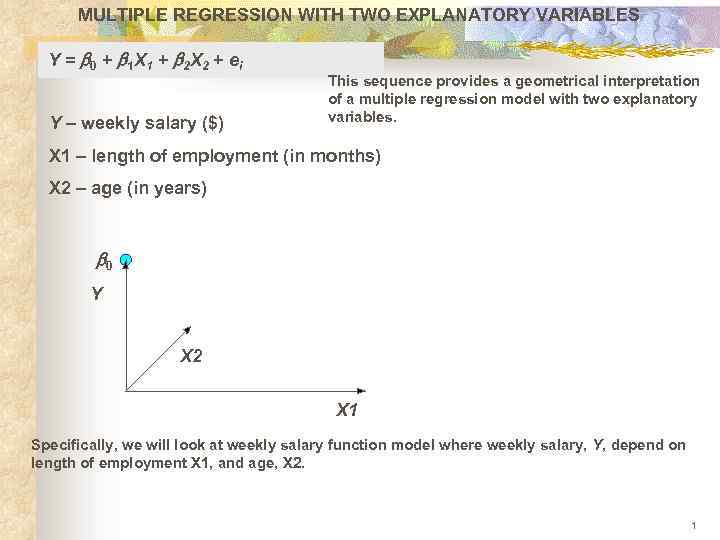 MULTIPLE REGRESSION WITH TWO EXPLANATORY VARIABLES Y = b 0 + b 1 X