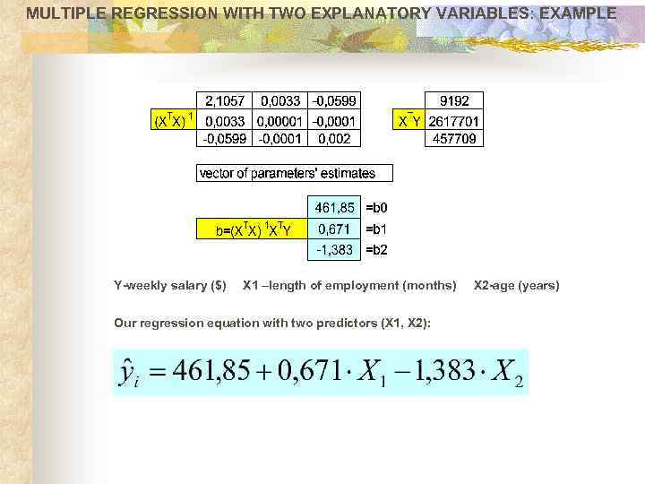 MULTIPLE REGRESSION WITH TWO EXPLANATORY VARIABLES: EXAMPLE Y-weekly salary ($) X 1 –length of