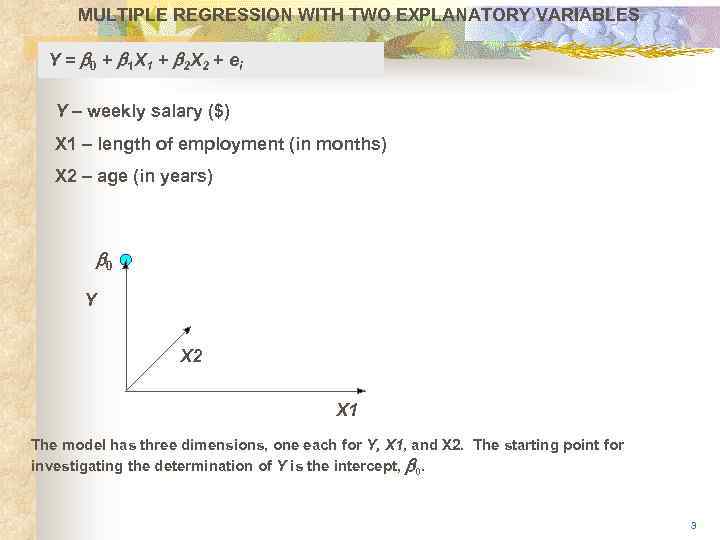 MULTIPLE REGRESSION WITH TWO EXPLANATORY VARIABLES Y = b 0 + b 1 X