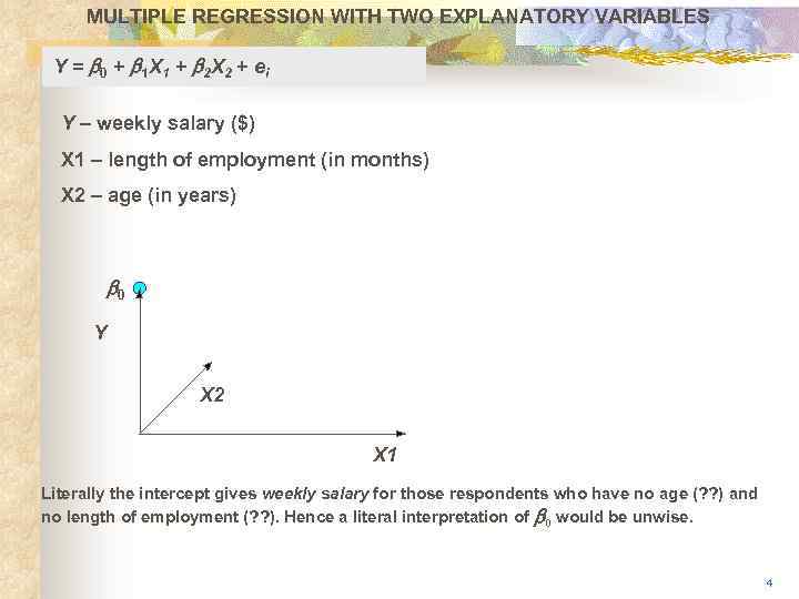 MULTIPLE REGRESSION WITH TWO EXPLANATORY VARIABLES Y = b 0 + b 1 X