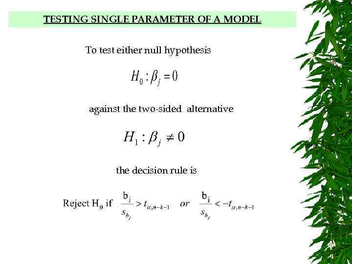TESTING PARAMETERS OF A MODEL INDIVIDUALLY TESTING SINGLE PARAMETER OF A MODEL To test