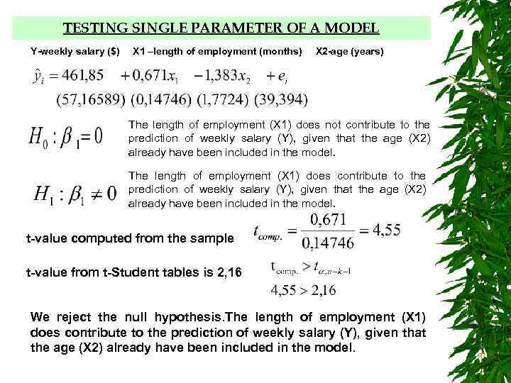 TESTING PARAMETERS OF A MODEL INDIVIDUALLY TESTING SINGLE PARAMETER OF A MODEL Y-weekly salary