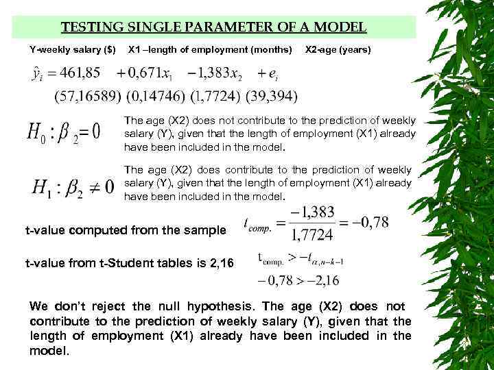 TESTING PARAMETERS OF A MODEL INDIVIDUALLY TESTING SINGLE PARAMETER OF A MODEL Y-weekly salary