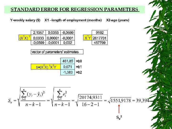STANDARD ERROR FOR REGRESSION PARAMETERS Y-weekly salary ($) X 1 –length of employment (months)