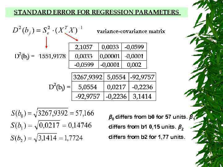 STANDARD ERROR FOR REGRESSION PARAMETERS variance-covariance matrix β 0 differs from b 0 for
