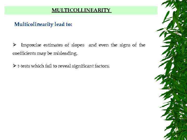 MULTICOLLINEARITY Multicolinearity lead to: Ø Imprecise estimates of slopes and even the signs of