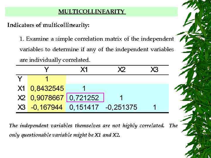 MULTICOLLINEARITY Indicators of multicollinearity: 1. Examine a simple correlation matrix of the independent variables