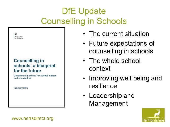 Df. E Update Counselling in Schools • The current situation • Future expectations of