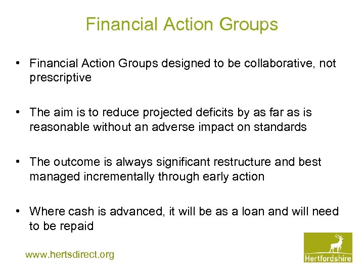 Financial Action Groups • Financial Action Groups designed to be collaborative, not prescriptive •