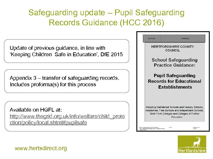 Safeguarding update – Pupil Safeguarding Records Guidance (HCC 2016) Update of previous guidance, in