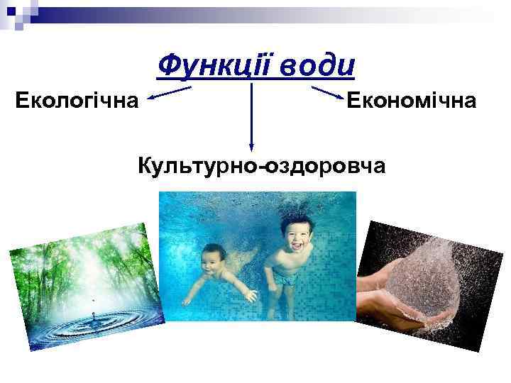 Функції води Екологічна Економічна Культурно-оздоровча 