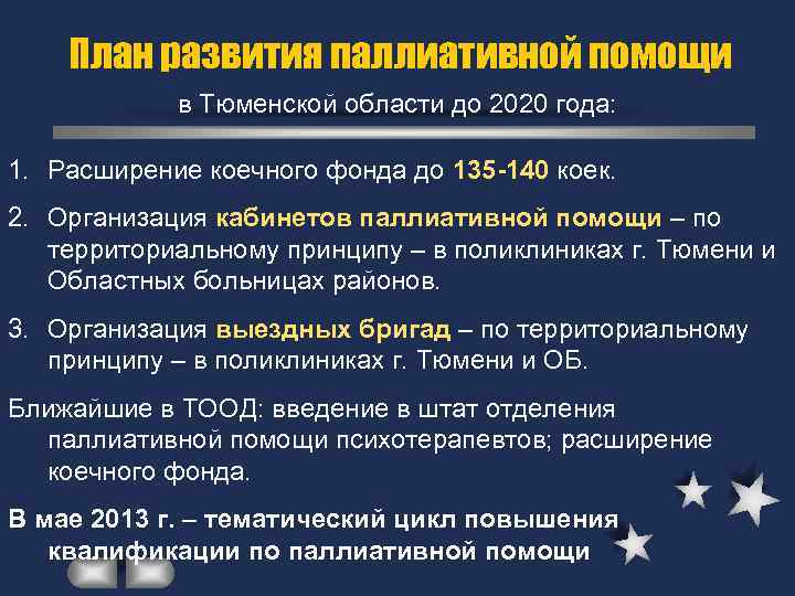 План развития паллиативной помощи в Тюменской области до 2020 года: 1. Расширение коечного фонда