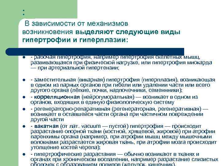 : В зависимости от механизмов возникновения выделяют следующие виды гипертрофии и гиперплазии: l -