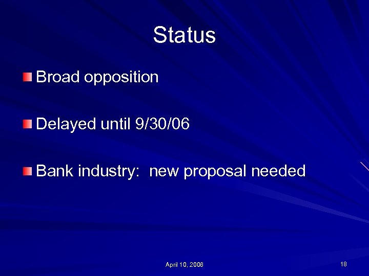 Status Broad opposition Delayed until 9/30/06 Bank industry: new proposal needed April 10, 2006