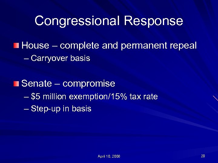 Congressional Response House – complete and permanent repeal – Carryover basis Senate – compromise