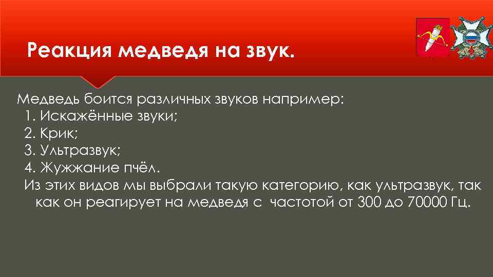 Реакция медведя на звук. Медведь боится различных звуков например: 1. Искажённые звуки; 2. Крик;