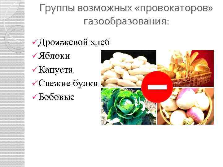 Группы возможных «провокаторов» газообразования: ü Дрожжевой хлеб ü Яблоки ü Капуста ü Свежие булки