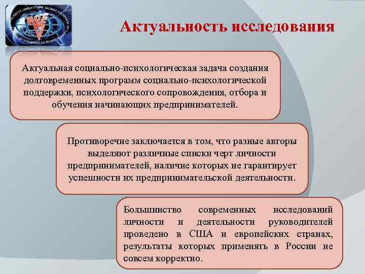 Актуальность исследования Актуальная социально-психологическая задача создания долговременных программ социально-психологической поддержки, психологического сопровождения, отбора и