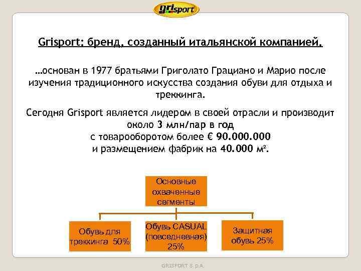 Grisport: бренд, созданный итальянской компанией. …основан в 1977 братьями Григолато Грациано и Марио после
