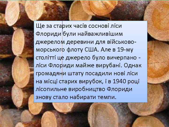Ще за старих часів соснові ліси Флориди були найважливішим джерелом деревини для військовоморського флоту