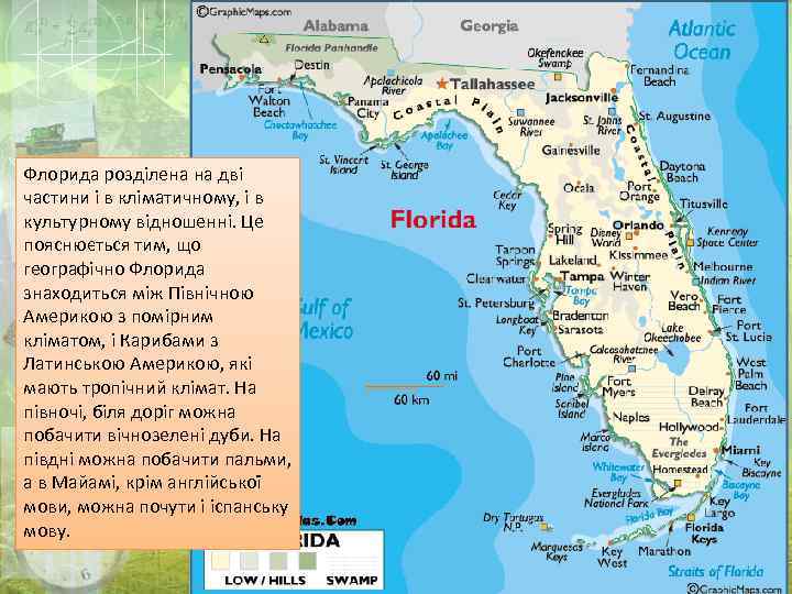 Флорида розділена на дві частини і в кліматичному, і в культурному відношенні. Це пояснюється