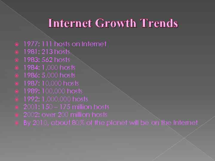 Internet Growth Trends 1977: 111 hosts on Internet 1981: 213 hosts 1983: 562 hosts