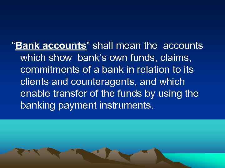 “Bank accounts” shall mean the accounts which show bank’s own funds, claims, commitments of