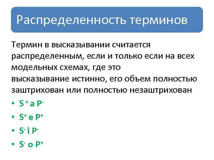 Распределенность терминов Термин в высказывании считается распределенным, если и только если на всех модельных
