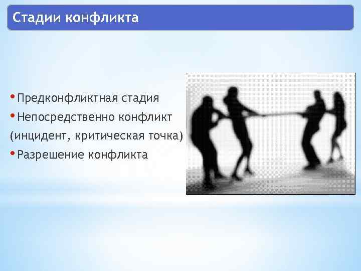 Стадии конфликта • Предконфликтная стадия • Непосредственно конфликт (инцидент, критическая точка) • Разрешение конфликта