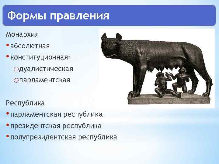 Формы правления Монархия • абсолютная • конституционная: oдуалистическая oпарламентская Республика • парламентская республика •