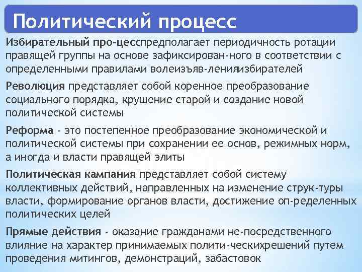 Политический процесс Избирательный про цесспредполагает периодичность ротации правящей группы на основе зафиксирован ного в