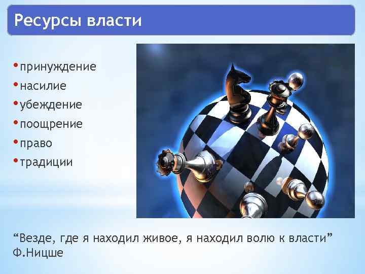 Ресурсы власти • принуждение • насилие • убеждение • поощрение • право • традиции