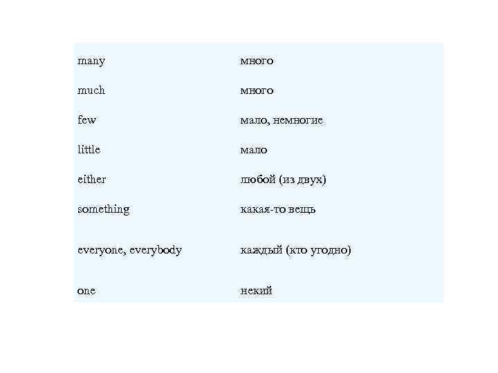 many много much много few мало, немногие little мало either любой (из двух) something