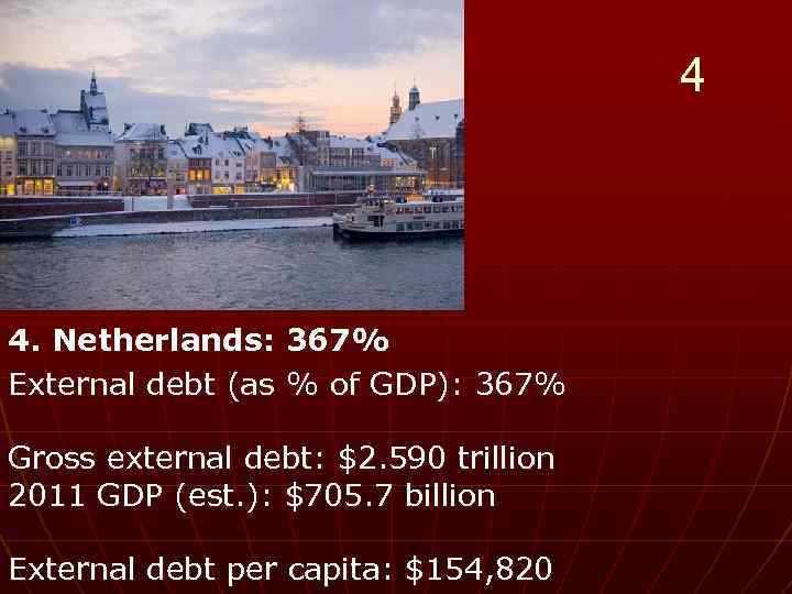 4 4. Netherlands: 367% External debt (as % of GDP): 367% Gross external debt: