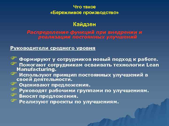 Что такое «Бережливое производство» Кайдзен Распределение функций при внедрении и реализации постоянных улучшений Руководители