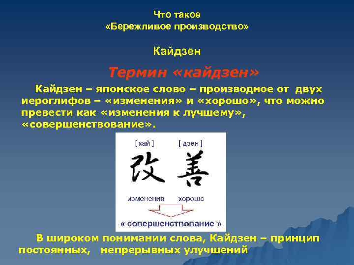 Что такое «Бережливое производство» Кайдзен Термин «кайдзен» Кайдзен – японское слово – производное от