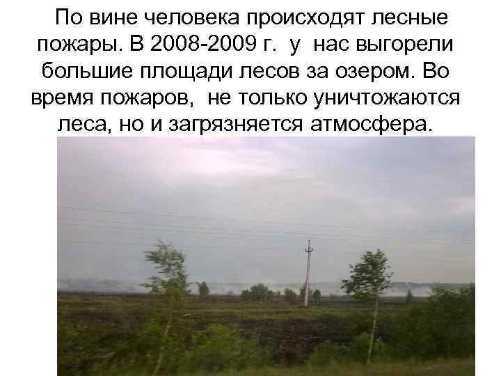 По вине человека происходят лесные пожары. В 2008 -2009 г. у нас выгорели большие