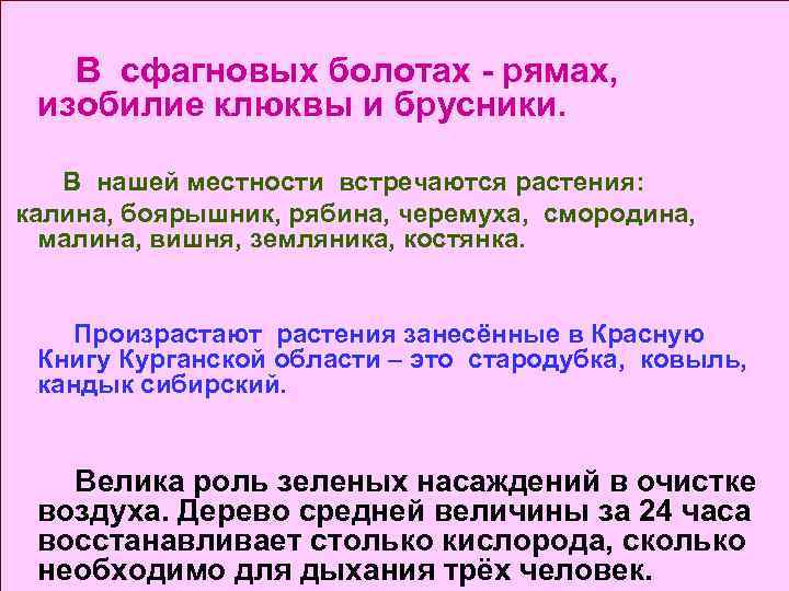 В сфагновых болотах - рямах, изобилие клюквы и брусники. В нашей местности встречаются растения:
