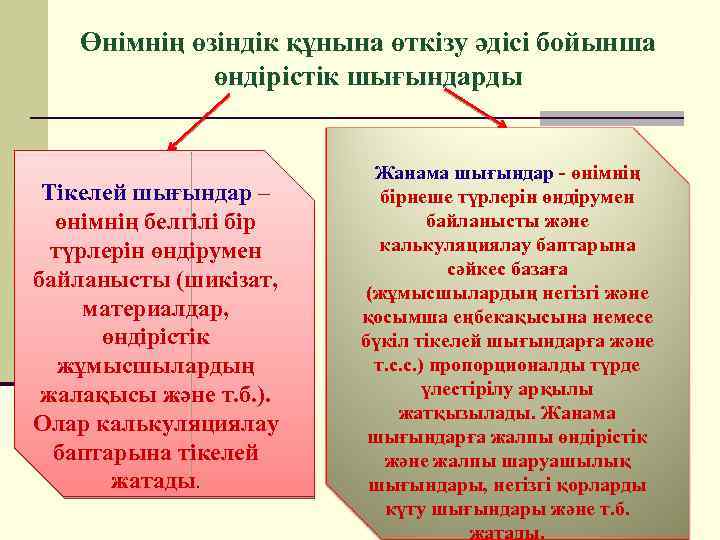 Өнімнің өзіндік құнына өткізу әдісі бойынша өндірістік шығындарды Тікелей шығындар – өнімнің белгілі бір