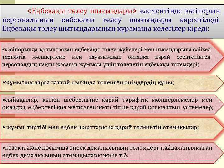  «Еңбекақы төлеу шығындары» элементінде кәсіпорын персоналының еңбекақы төлеу шығындары көрсетіледі. Еңбекақы төлеу шығындарының